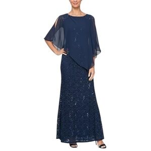 SLNY Sequin Lace Chiffon Caplet Gown